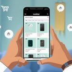 Retailer using Saddar App on smartphone in Karachi shop to buy wholesale mobile accessories.