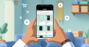 Retailer using Saddar App on smartphone in Karachi shop to buy wholesale mobile accessories.