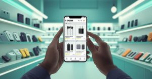 Retailer purchasing mobile accessories through Saddar App on their smartphone.