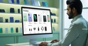 Mobile shop owner browsing Saddar App to purchase wholesale mobile accessories.