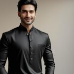 Pakistani male model wearing a black shalwar kameez, standing in a minimalist retail setting with natural lighting, showcasing the elegance and style of the traditional outfit
