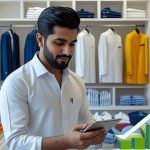Pakistani clothing store owner browsing Saddar App to buy clothes at wholesale prices.