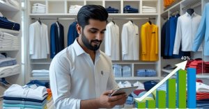 Pakistani clothing store owner browsing Saddar App to buy clothes at wholesale prices.