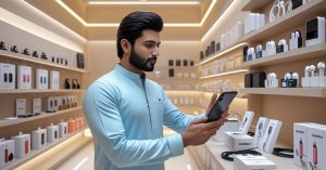 Retailer stocking mobile accessories at wholesale prices using Saddar App.