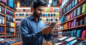Retailer browsing Saddar App to purchase mobile accessories at wholesale prices.