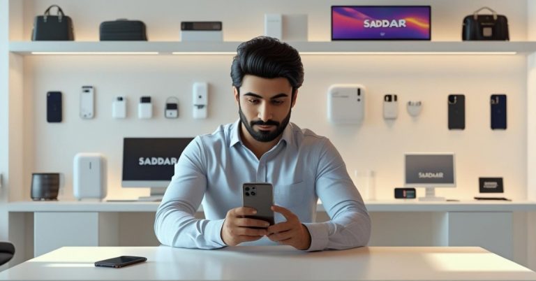 Shopper browsing the Saddar App to buy mobile accessories and electronics in Pakistan.