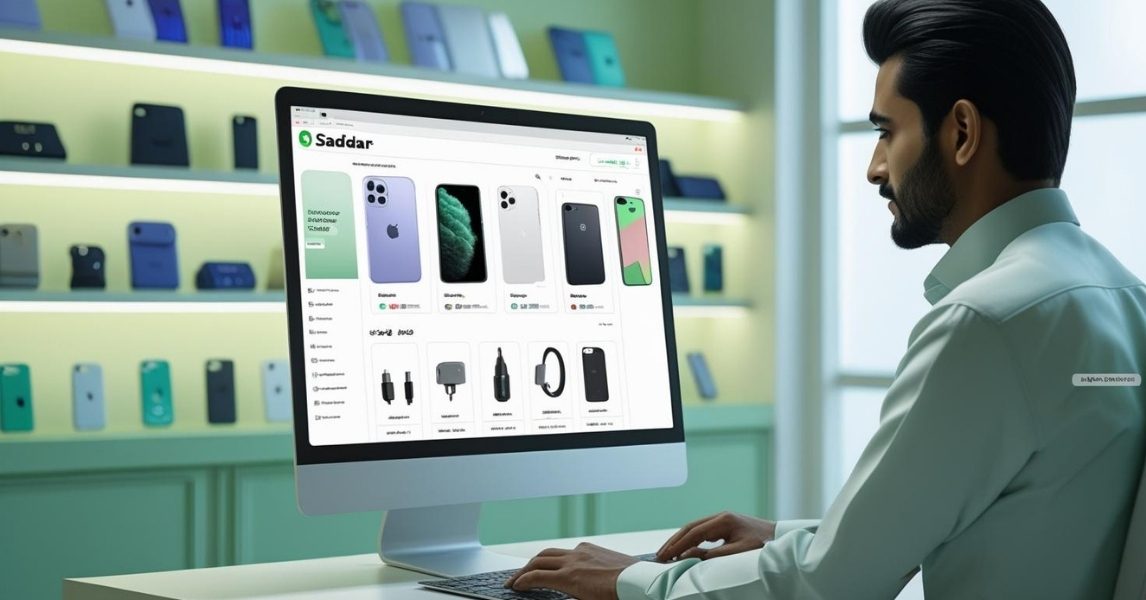 Mobile shop owner browsing Saddar App to purchase wholesale mobile accessories.